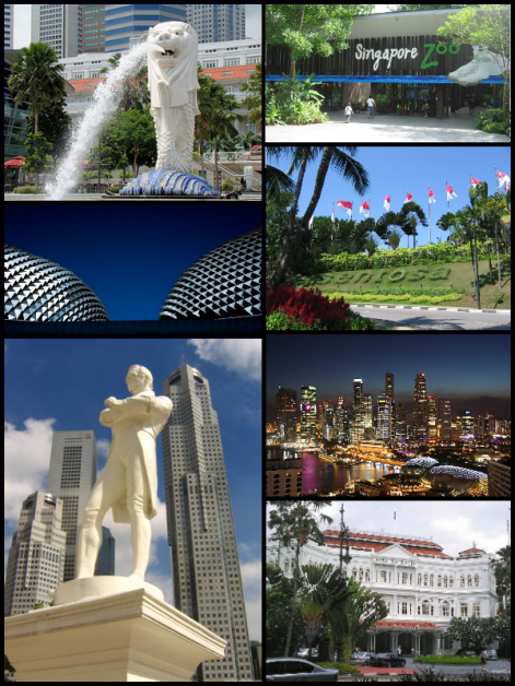 Images, from top, left to right: Merlion by the CBD, Singapore Zoo entrance, Esplanade - Theatres on the Bay, Gateway of Sentosa, Statue of Thomas Stamford Raffles, Downtown Core of Singapore, Raffles Hotel